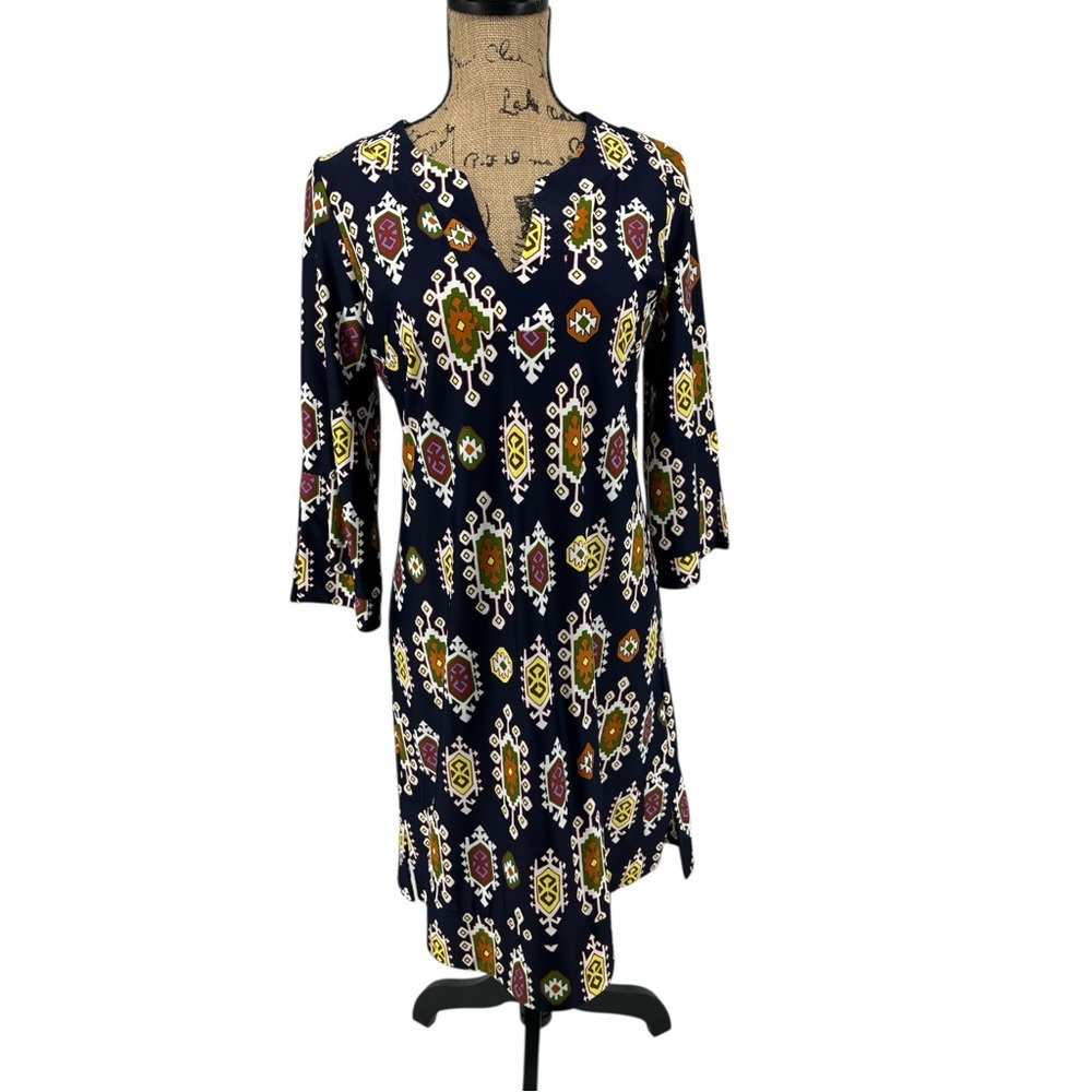 Jude Connally Navy Blue Boat Neck Shift Dress V-Neck Retro Print 70's Stretch